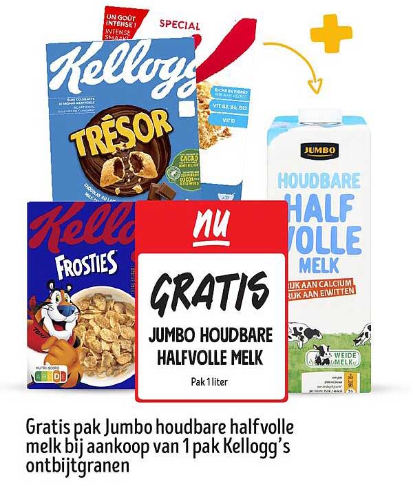 Gratis pak Jumbo houdbare halfvolle melk bij aankoop van 1 pak Kellogg’s ontbijtgranen