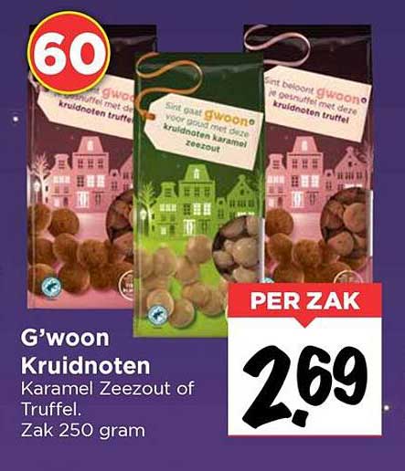 G’woon Kruidnoten Karamel Zeezout of Truffel. Zak 250 gram