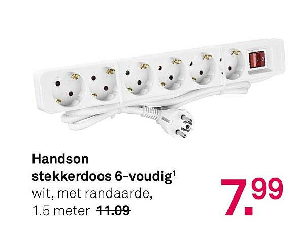 Handson stekkerdoos 6-voudig1 wit, met randafsluiting, 1.5 meter