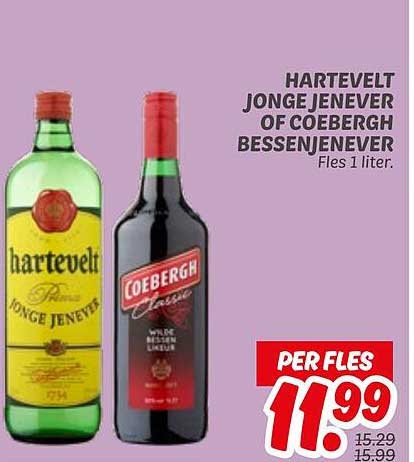 HARTEVELT JONGE JENEVER OF COEBERGH BESSENJENEVER Fles 1 liter.