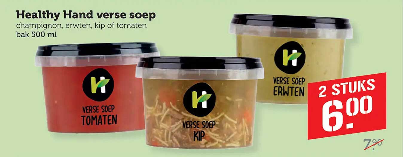 Healthy Hand verse soep champignon, erwten, kip of tomaten bak 500 ml