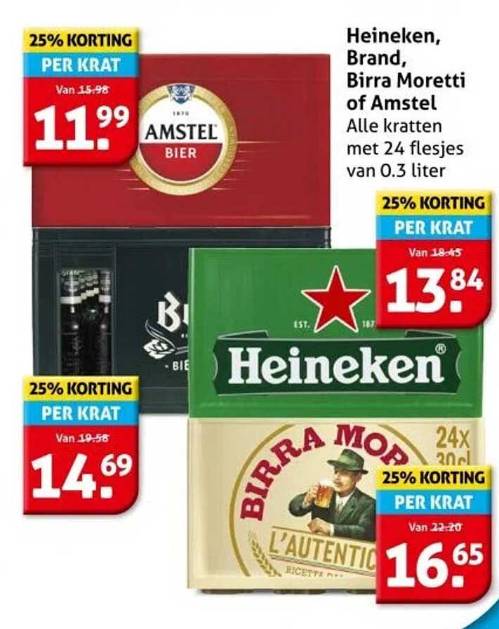 Heineken, Brand, Birra Moretti of Amstel - Alle kratten met 24 flesjes van 0.3 liter