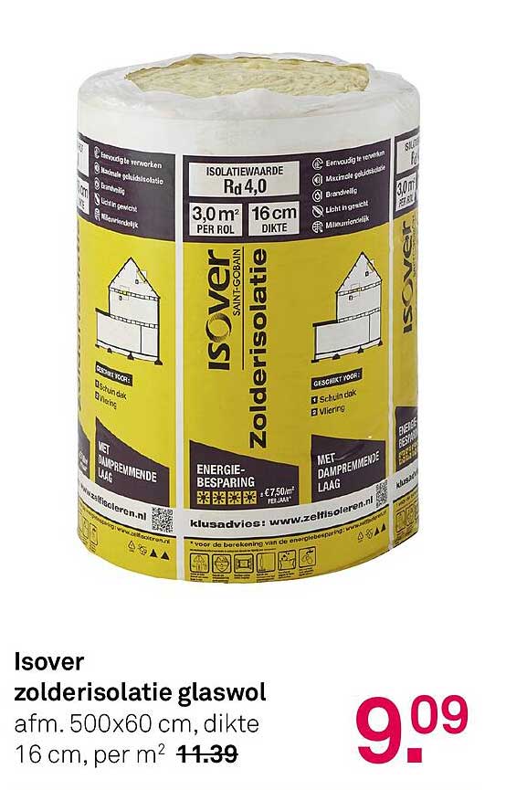 Isover zolderisolatie glaswol afm. 500x60 cm, dikte 16 cm, per m² 11.39