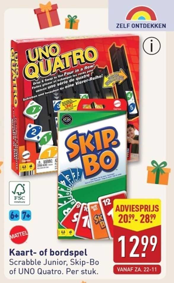 Kaart- of bordspel Scrabble Junior, Skip-Bo of UNO Quatro. Per stuk.