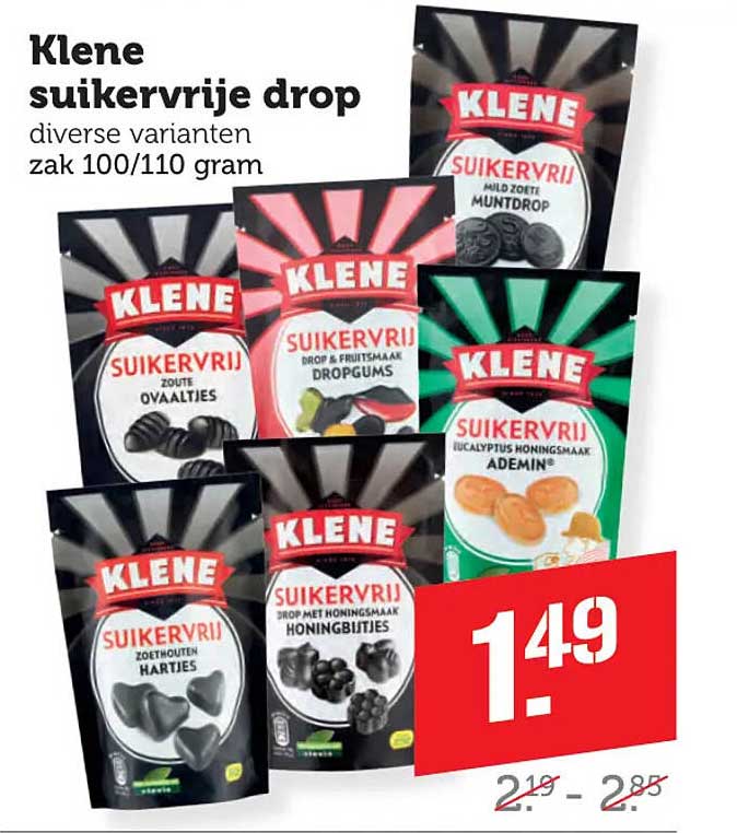 Klene suikervrije drop diverse varianten zak 100/110 gram