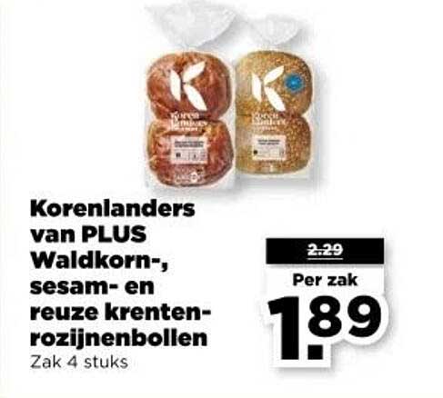 Korenlanders van PLUS Waldkorn-, sesam- en reuze krenten-rozijnenbollen