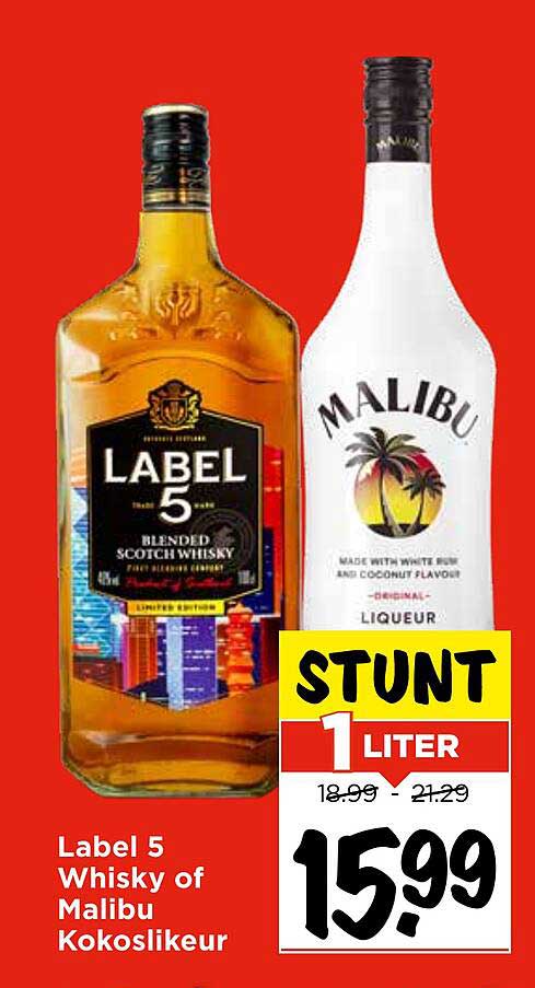 Label 5 Whisky of Malibu Kokoslikeur