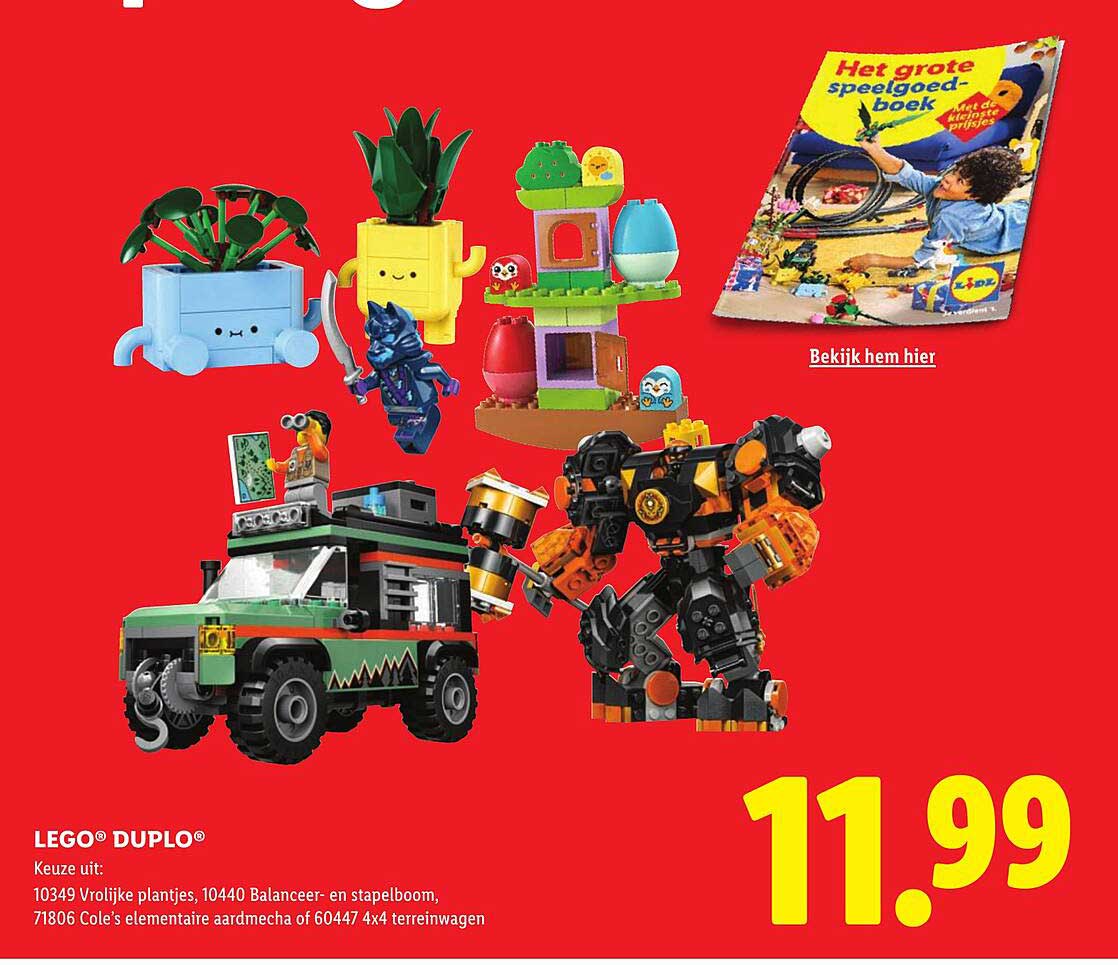 LEGO® DUplo® keuze uit: 10349 Vrolijke plantjes, 10440 Balanceer- en stapelboom, 71806 Cole's elementaire aardmecha of 60447 4x4 terreinwagen