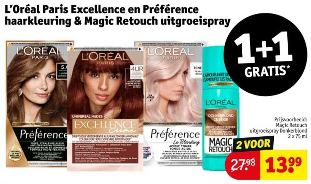 L’Oréal Paris Excellence en Préférence haarkleuring & Magic Retouch uitgroeispray 1+1 gratis
