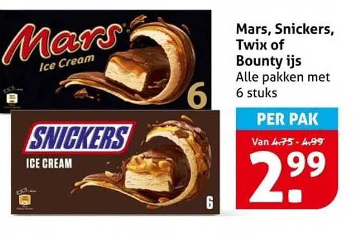 Mars, Snickers, Twix of Bounty ijs