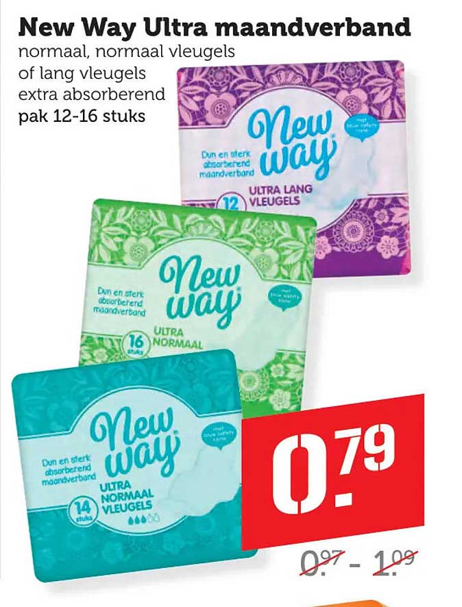 New Way Ultra maandverband normaal, normaal vleugels of lang vleugels extra absorberend pak 12-16 stuks
