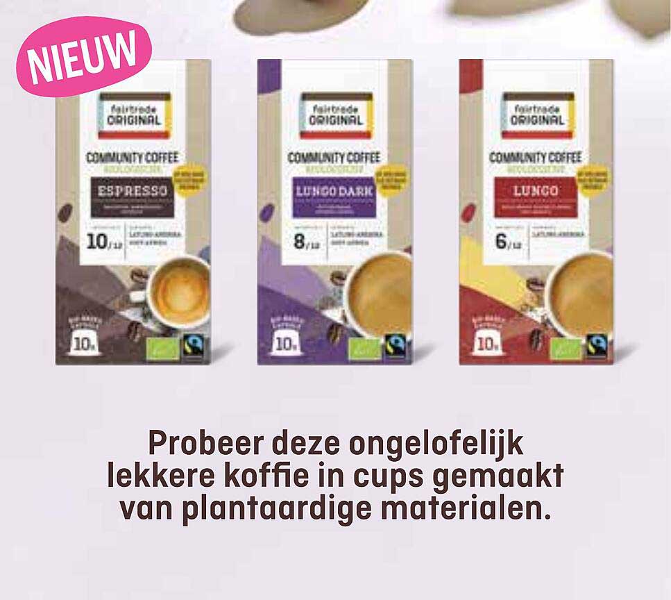 NIEUW: Community Coffee in cups, verkrijgbaar in Espresso, Lungo Dark en Lungo.