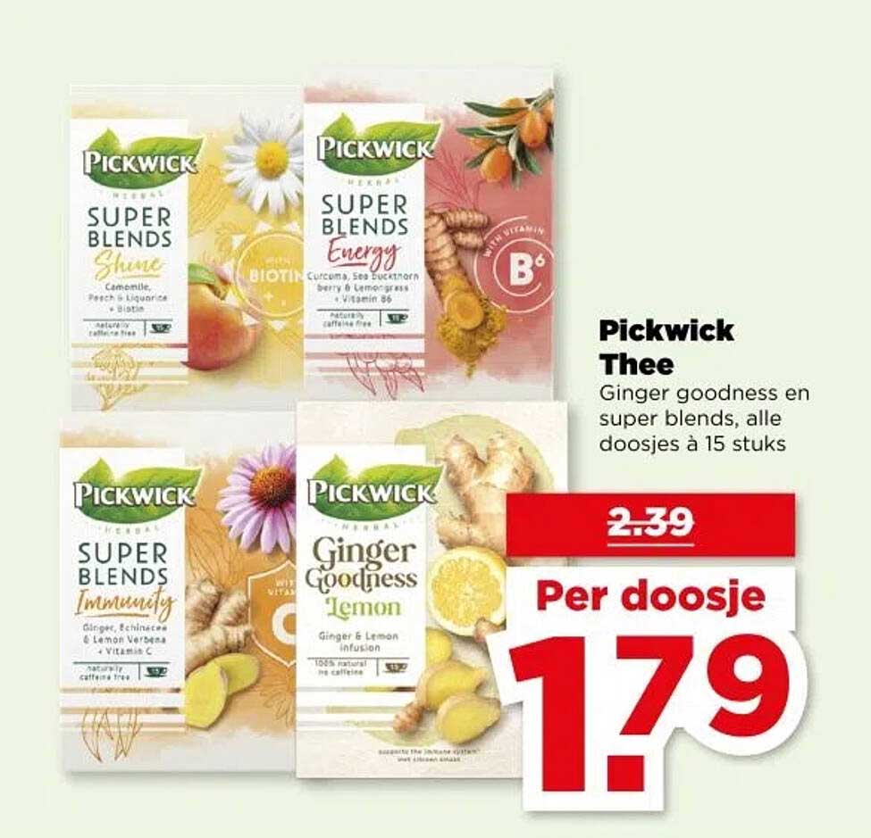 Pickwick Thee Ginger goodness en super blends, alle doosjes à 15 stuks