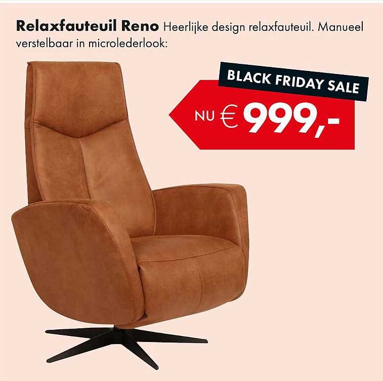 Relaxfauteuil Reno Heerlijke design relaxfauteuil. Manueel verstelbaar in microlederlook: