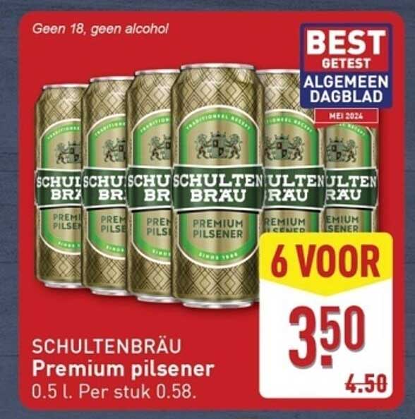 SCHULTENBRÄU Premium pilsener 0.5 l. Per stuk 0.58.