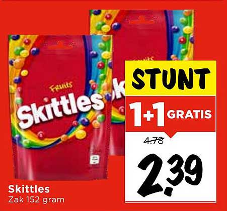 Skittles Zak 152 gram 1+1 GRATIS