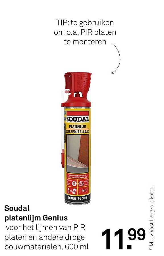 Soudal platenlijm Genius voor het lijmen van PIR platen en andere droge bouwmaterialen, 600 ml