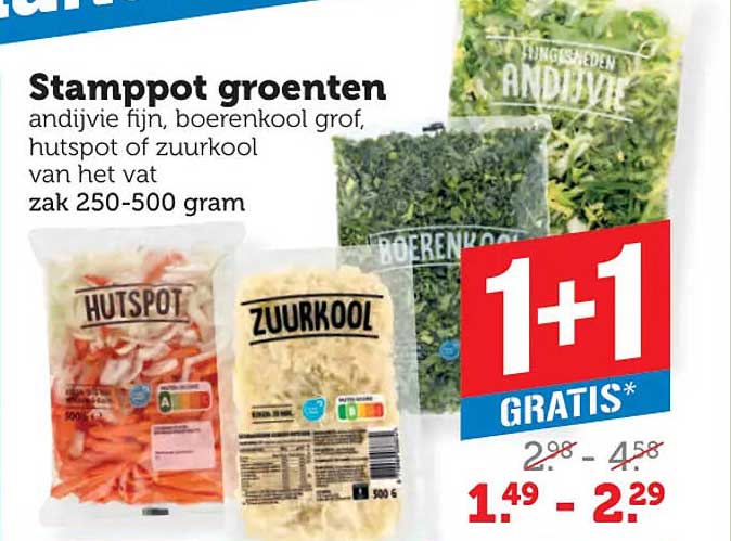 Stamppot groentes andijvie fijn, boerenkool grof, hutspot of zuurkool van het vat zak 250-500 gram
