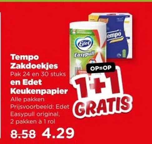 Tempo Zakdoekjes Pak 24 en 30 stuks en Edet Keukenpapier