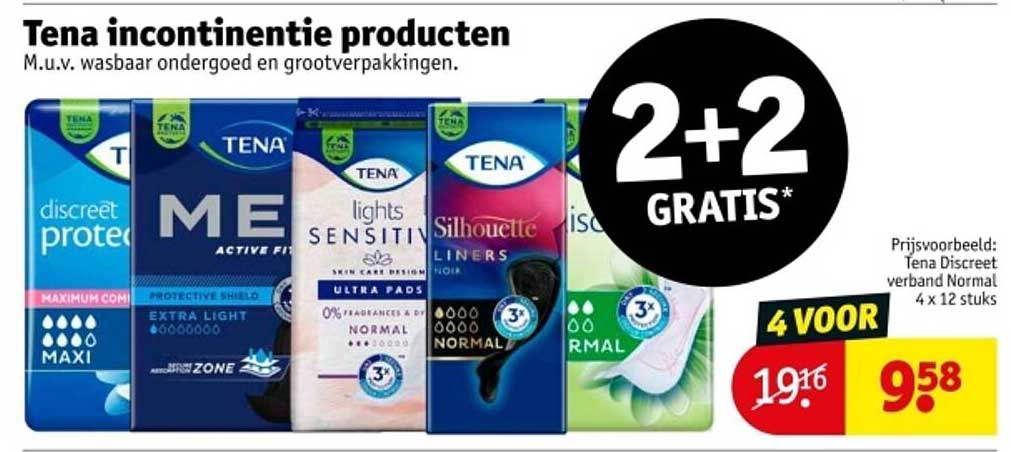 Tena incontinentie producten M.u.v. wasbaar ondergoed en grootverpakkingen.
