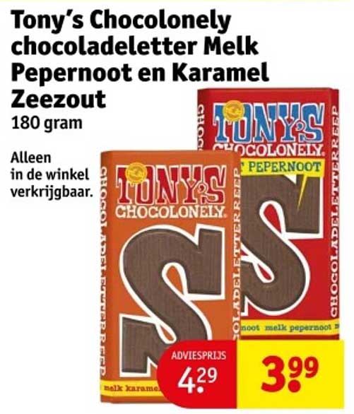 Tony’s Chocolonely chocoladeletter Melk Pepernoot en Karamel Zeezout 180 gram
