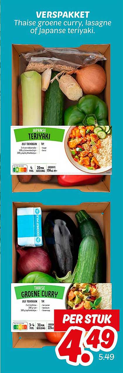 VERSPAKKET Thaise groene curry, lasagne of Japanse teriyaki