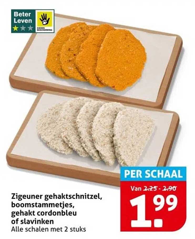 Zigeunergehaktschnitzel, boomstammetjes, gehakt cordonbleu of slavinken - Per schaal