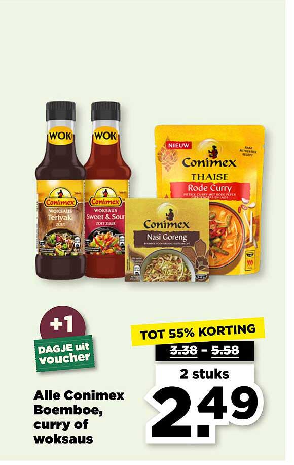 Alle Conimex Boemboe, curry of woksaus 2 stuks voor 2.49