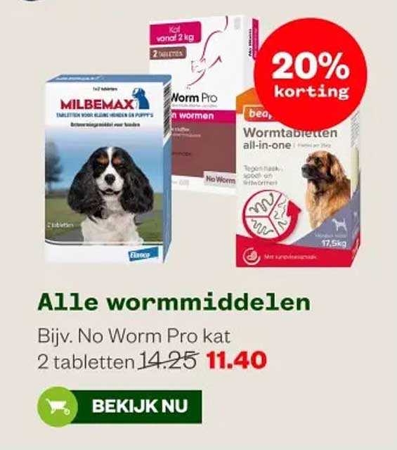 Alle wormmiddelen Bijv. No Worm Pro kat 2 tabletten