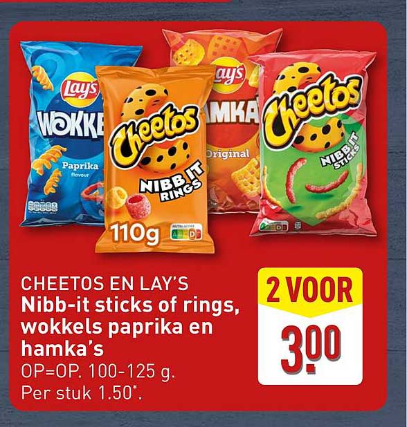 CHEETOS EN LAY’S Nibb-it sticks of rings, wokkels paprika en hamka’s