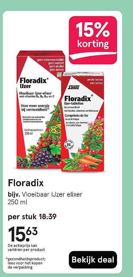 Floradix bijv. Vloeibaar IJzer elixer 250 ml