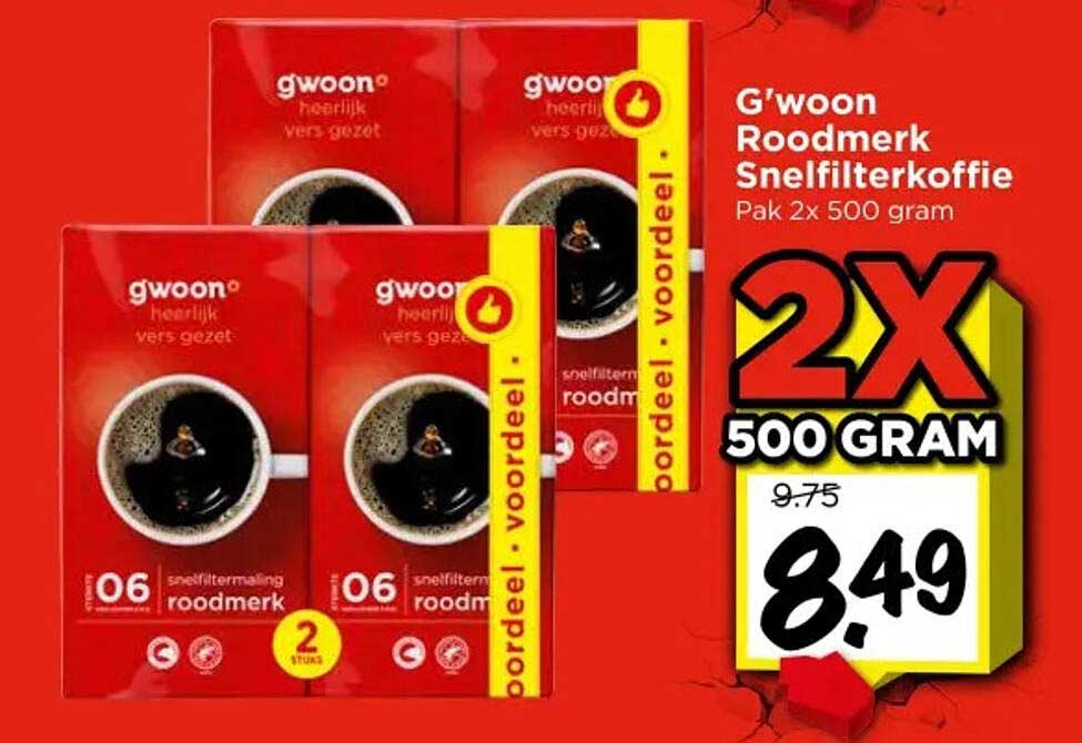 G'woon Roodmerk Snelfilterkoffie Pak 2x 500 gram