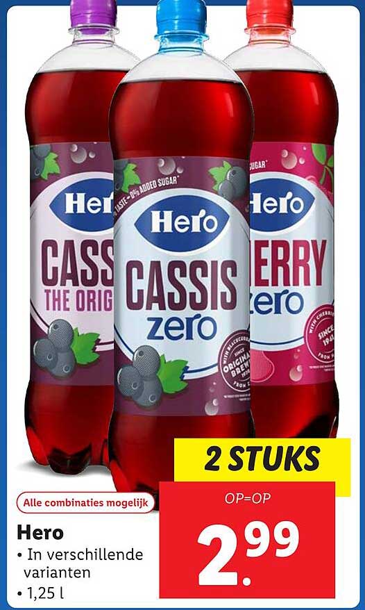 Hero Cassis Zero en Cherry Zero - 2 stuks voor €2,99