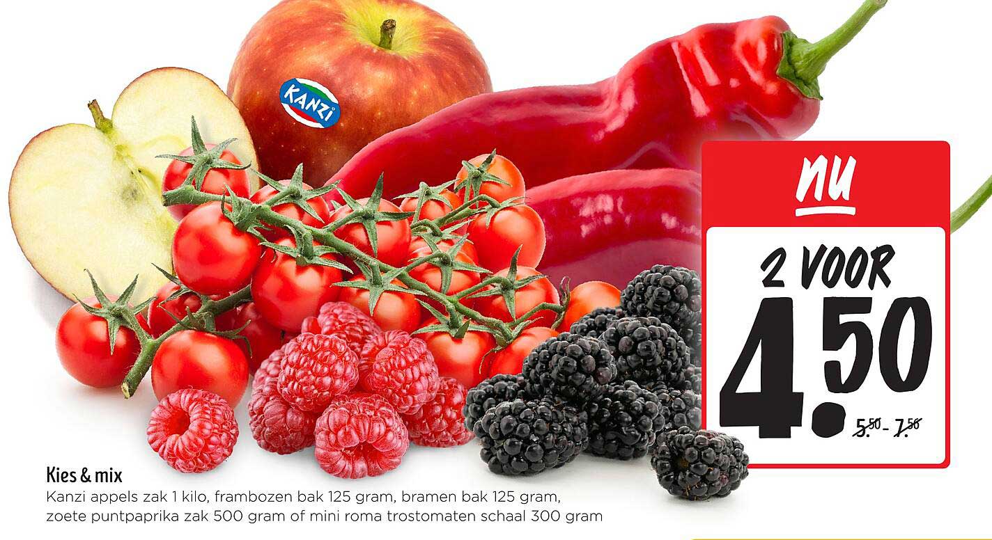 Kies & mix Kanzi appels zak 1 kilo, frambozen bak 125 gram, bramen bak 125 gram, zoete puntpaprika zak 500 gram of mini roma trostomaten schaal 300 gram
