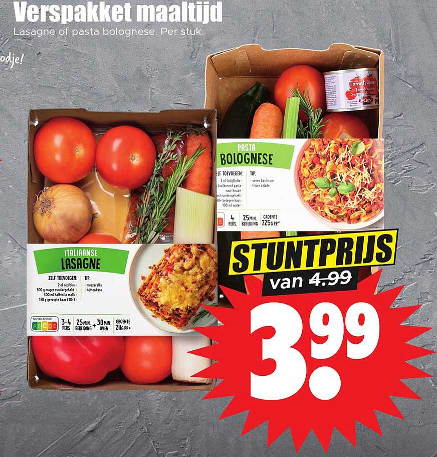 Verspakket maaltijd - Lasagne of pasta Bolognese. Per stuk.