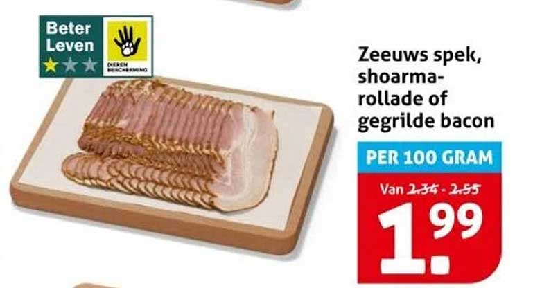 Zeeuws spek, shoarma-rollade of gegrilde bacon per 100 gram