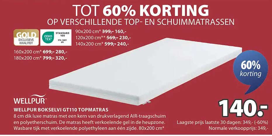 TOT 60% KORTING OP VERSCHILLENDE TOP- EN SCHUIMMATRASSEN