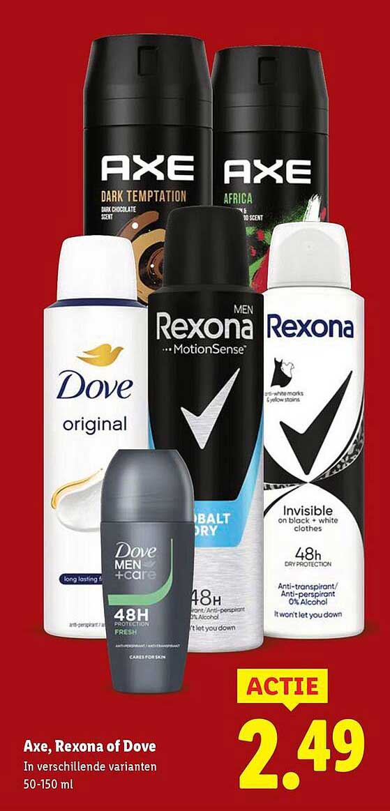 Axe, Rexona of Dove in verschillende varianten 50-150 ml