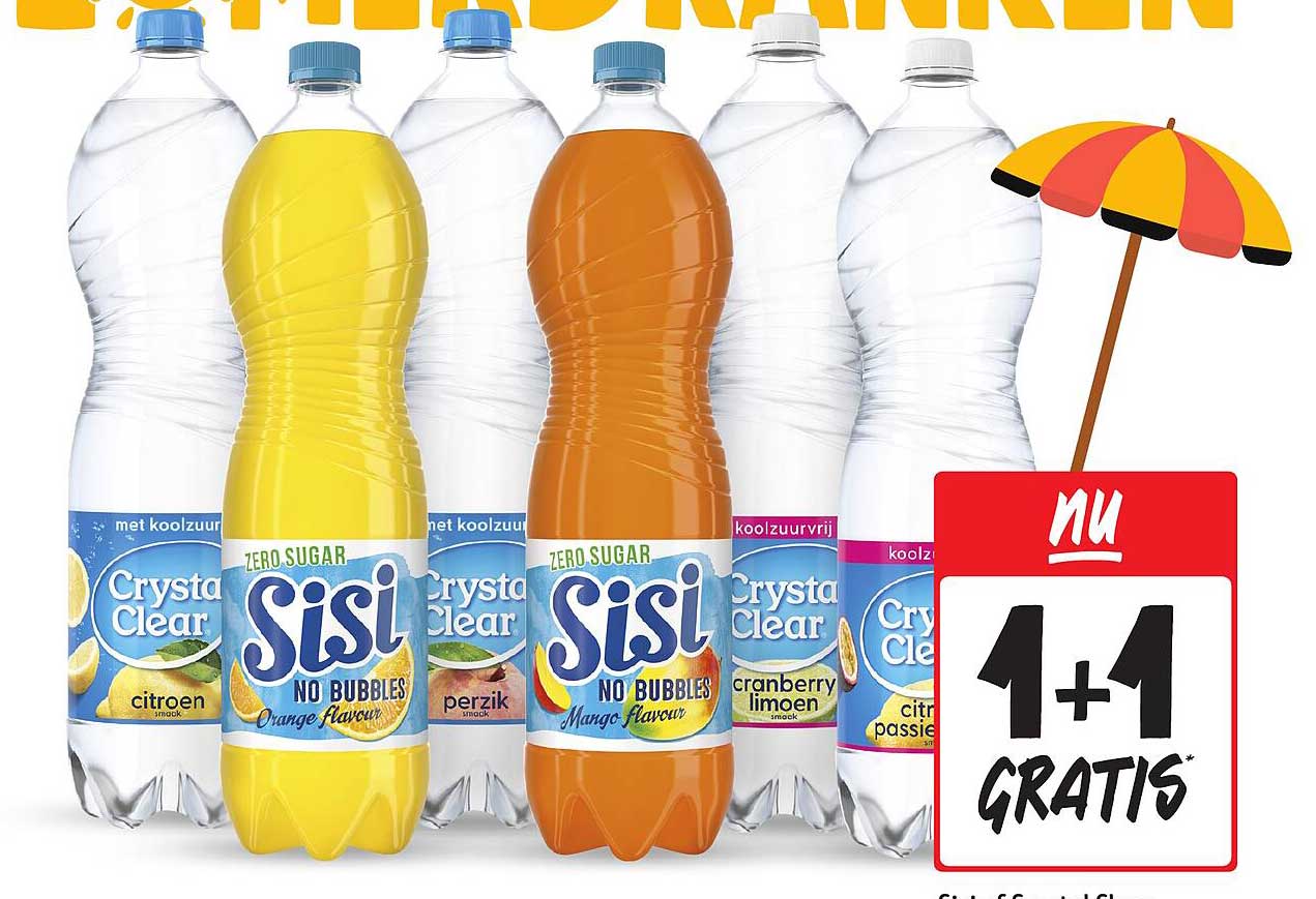 1 + 1 GRATIS op Sisi en Crystal Clear frisdranken!