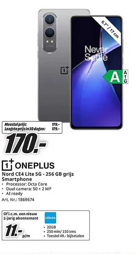 1+ ONEPLUS Nord CE4 Lite 5G - 256 GB grijs Smartphone