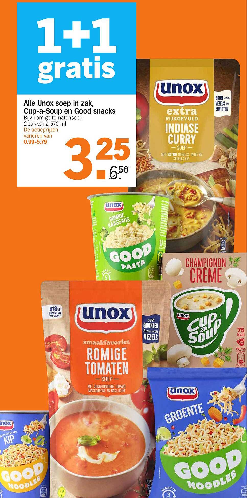 1+1 gratis op Alle Unox soep in zak, Cup-a-Soup en Good snacks