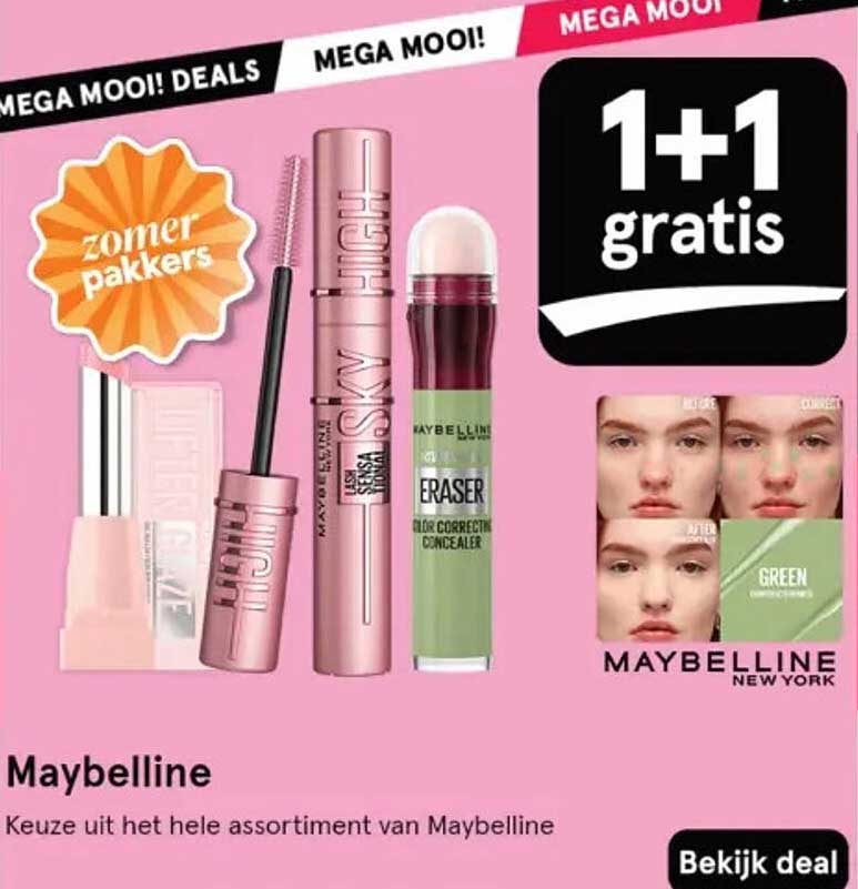1+1 gratis op het hele assortiment van Maybelline