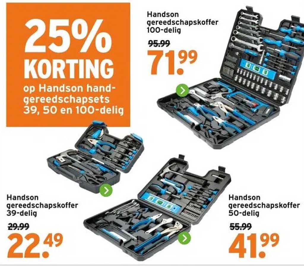 25% KORTING op Handson handgereedschapsets 39, 50 en 100-delig
