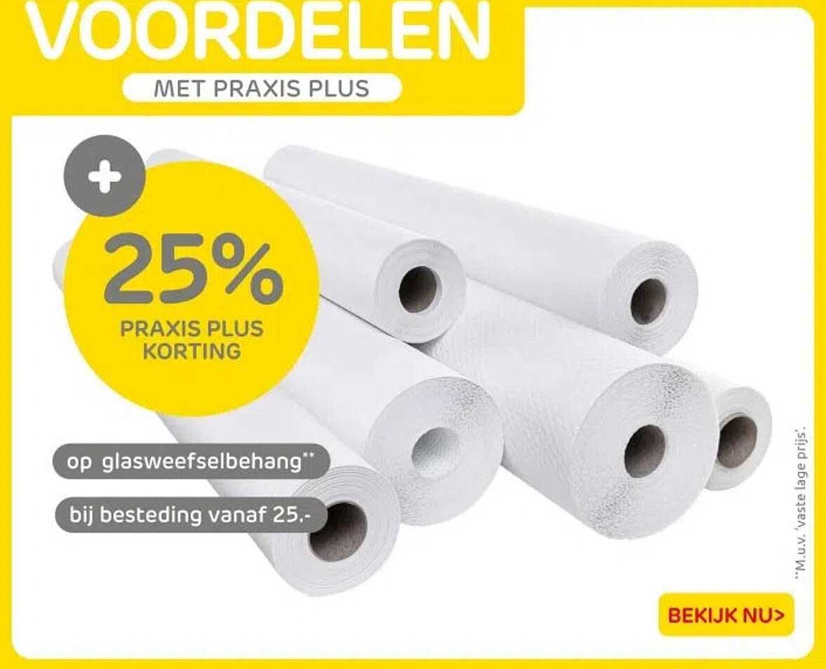 25% PRAKIS PLUS KORTING op glasweefselbehang bij besteding vanaf 25.