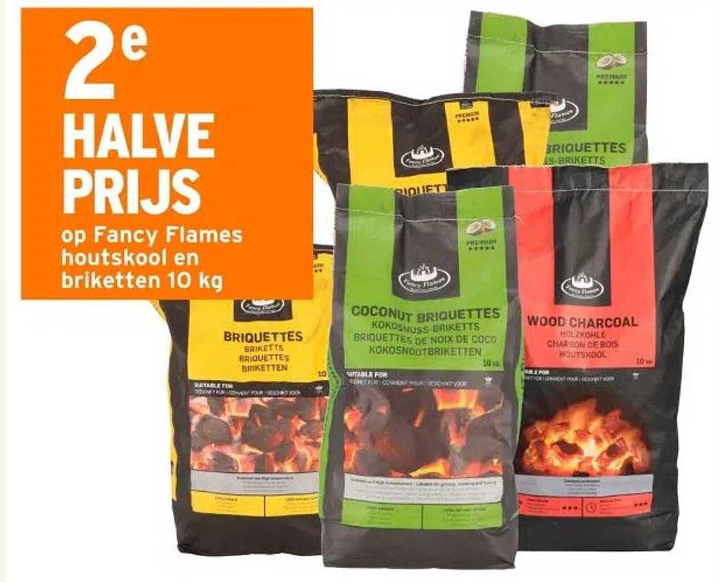 2e HALVE PRIJS op Fancy Flames houtskool en briketten 10 kg
