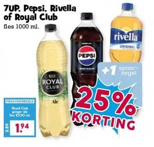 7UP, Pepsi, Rivella of Royal Club fles 1000 ml.