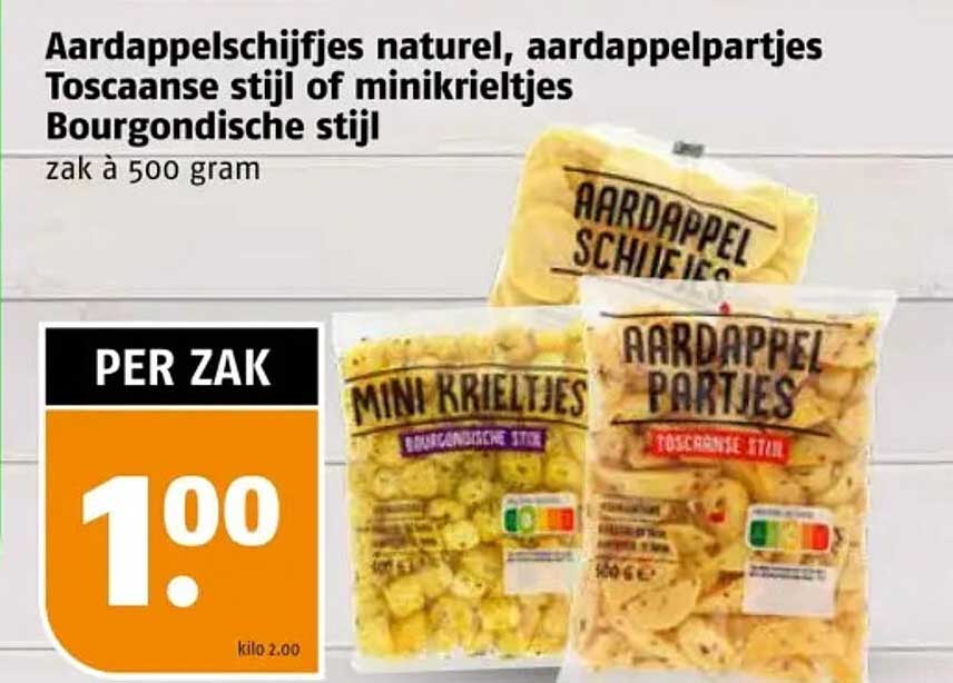 Aardappelschijfjes natuur, aardappelpartjes Toscaanse stijl of minikrieltjes Bourgondische stijl