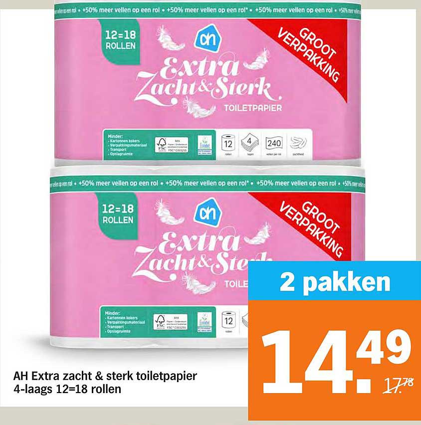 AH Extra zacht & sterk toiletpapier 4-laags 12=18 rollen