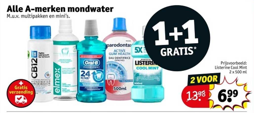 Alle A-merken mondwater M.u.v. multipakken en mini's.