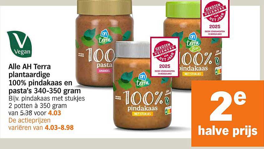 Alle AH Terra plantaardige 100% pindakaas en pasta’s 340-350 gram
